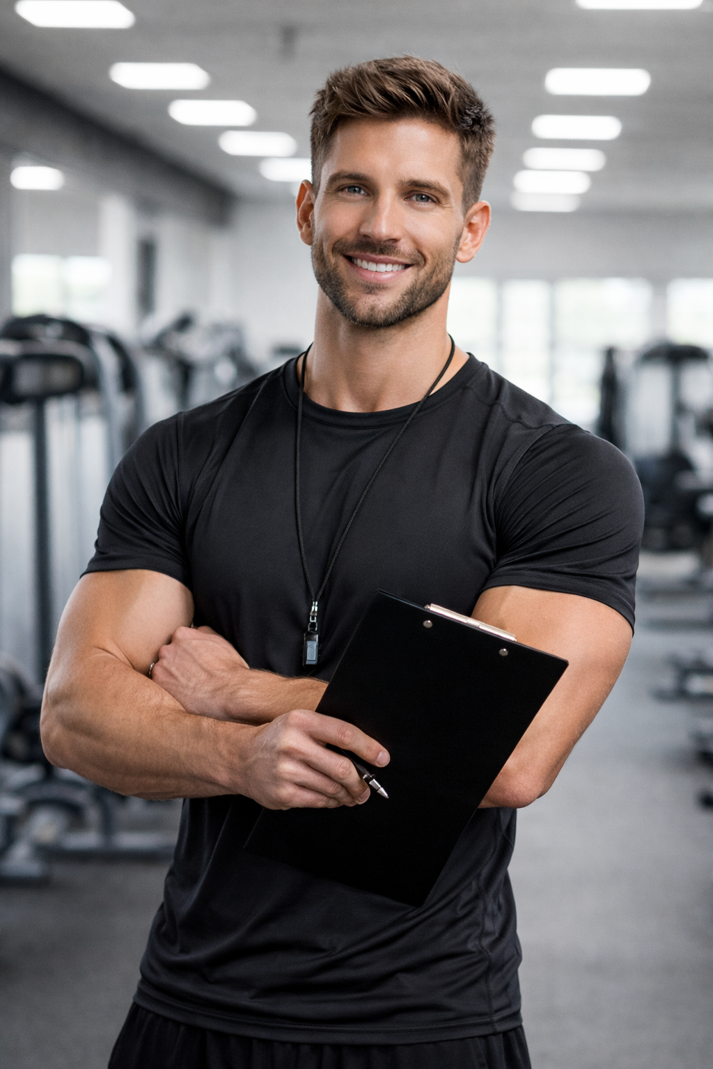 fitness coach portrait in gym arms crossed
